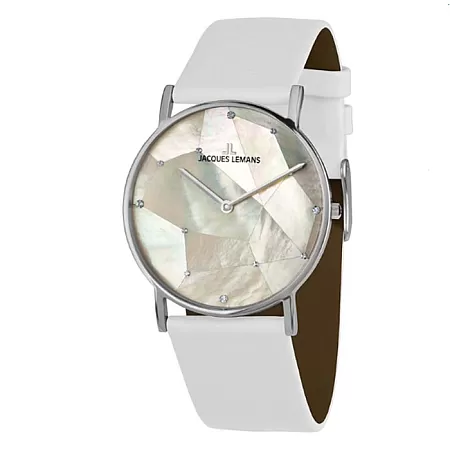 Ρολόι Jacques LEMANS 1-2050B Jacques LEMANS York Crystals White Leather Strap