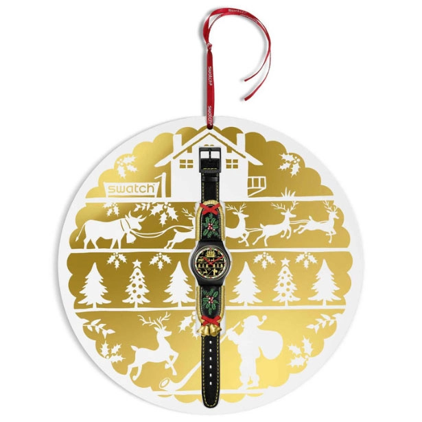 ΡΟΛΟΙ SWATCH  SO28B115 SWATCH Holiday collection Golden Merry Black Leather Strap