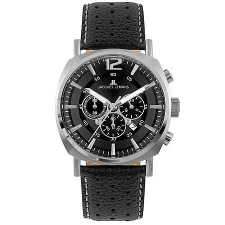 Ρολόι Jacques LEMANS 1-1645T Jacques LEMANS Lugano Chronograph Black Leather Strap