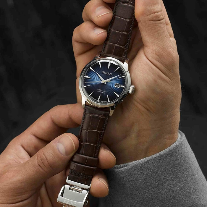 ΡΟΛΟΙ SEIKO SRPK15J1 SEIKO Presage Midnight Blue Moon Automatic Brown Leather Strap