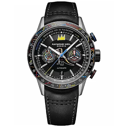 Ρολόι RAYMOND  7780-TIC-JMB01 RAYMOND WEIL x Basquiat Bi-Compax Automatic Chronograph Black Leather Strap Special Edition