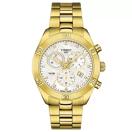 ΡΟΛΟΙ TISSOT T1019173311601 TISSOT PR 100 Sport Chic Chronograph Diamonds Gold Stainless Steel Bracelet