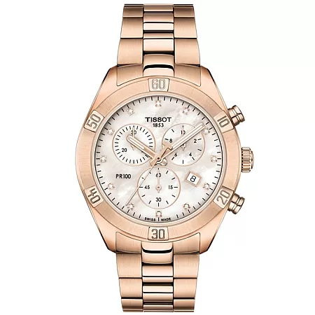 ΡΟΛΟΙ TISSOT T1019173311600 TISSOT PR 100 Sport Chic Chronograph Diamonds Rose Gold Stainless Steel Bracelet