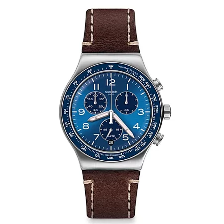 ΡΟΛΟΙ SWATCH YVS466 SWATCH Casual Blue Chronograph Brown Leather Strap
